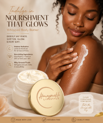 Woman applying whipped body butter to her arm with product packaging displayed.