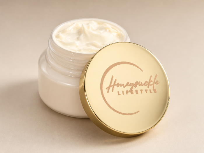 Open jar of cream with a gold lid featuring 'HoneySuckle Lifestyle' on a beige background