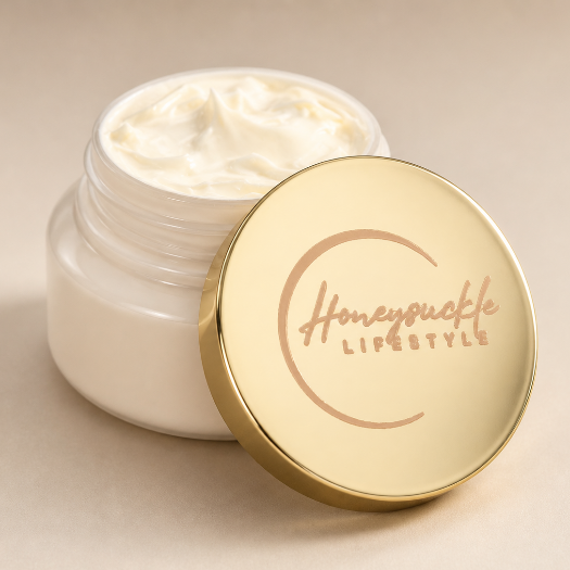 Open jar of cream with a gold lid featuring 'HoneySuckle Lifestyle' on a beige background