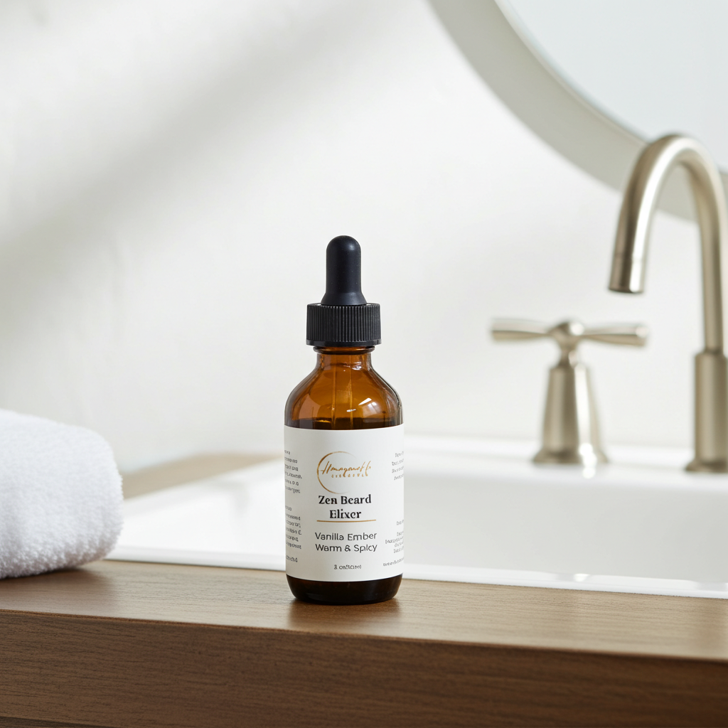 Bottle of 'Zen Beard Elixer' on a bathroom counter with a sink in the background.