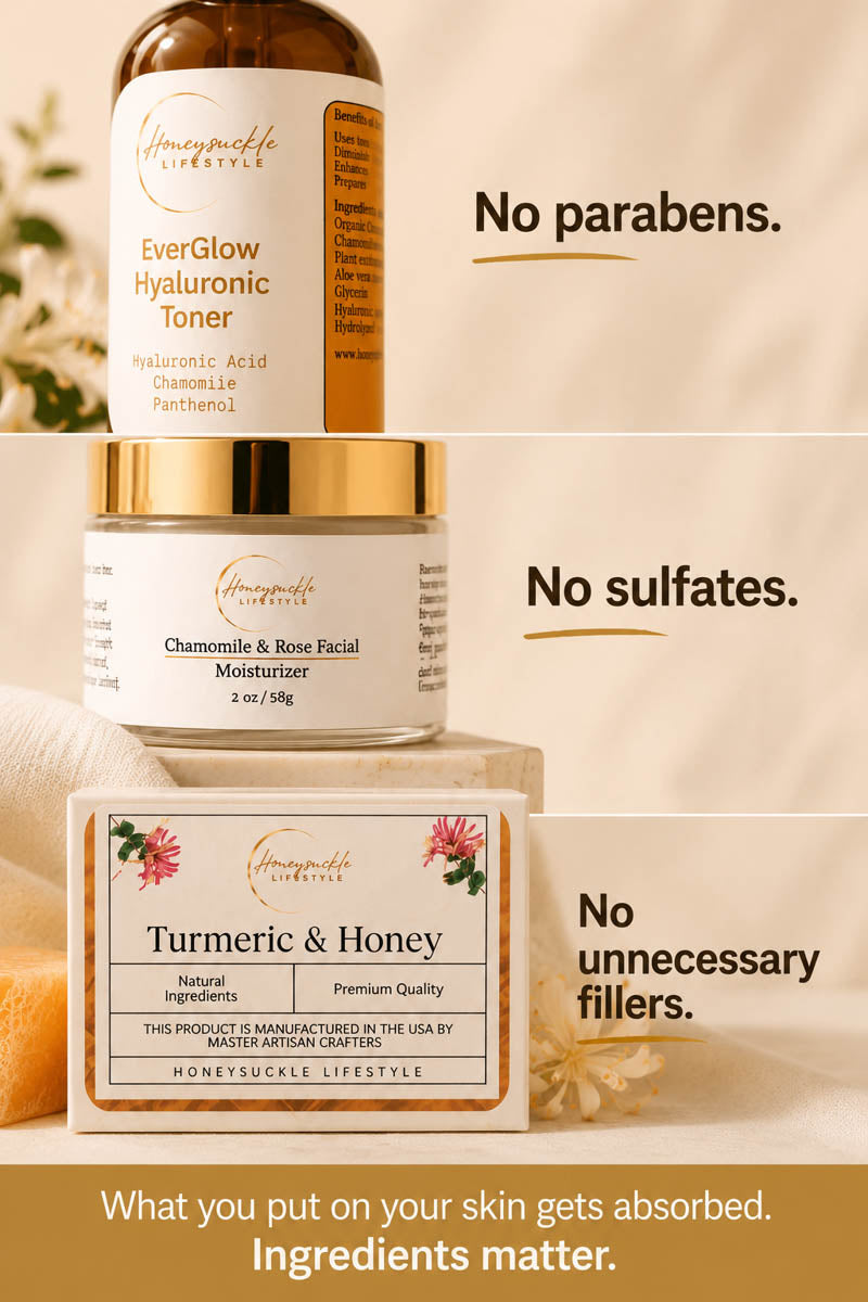 Three skincare products from Honeysuckle lifestyle Glow kit highlighting the absence of parabens, sulfates, and unnecessary fillers on a beige background.