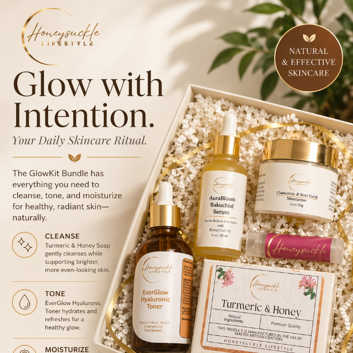 Skincare product set with bottles and jars in a box, featuring HoneySuckle Lifestyle branding.