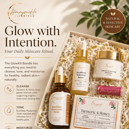 Skincare product set with bottles and jars in a box, featuring HoneySuckle Lifestyle branding.