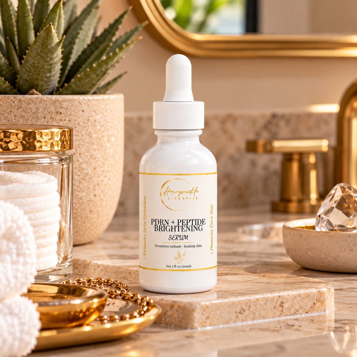 HoneySuckle Lifestyle PDRN and peptide brightening serum for facial care, showing a sleek bottle with a dropper applicator.