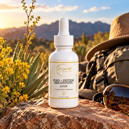 HoneySuckle Lifestyle PDRN and peptide brightening serum in a sleek facial care bottle, showcasing its smooth, transparent liquid.