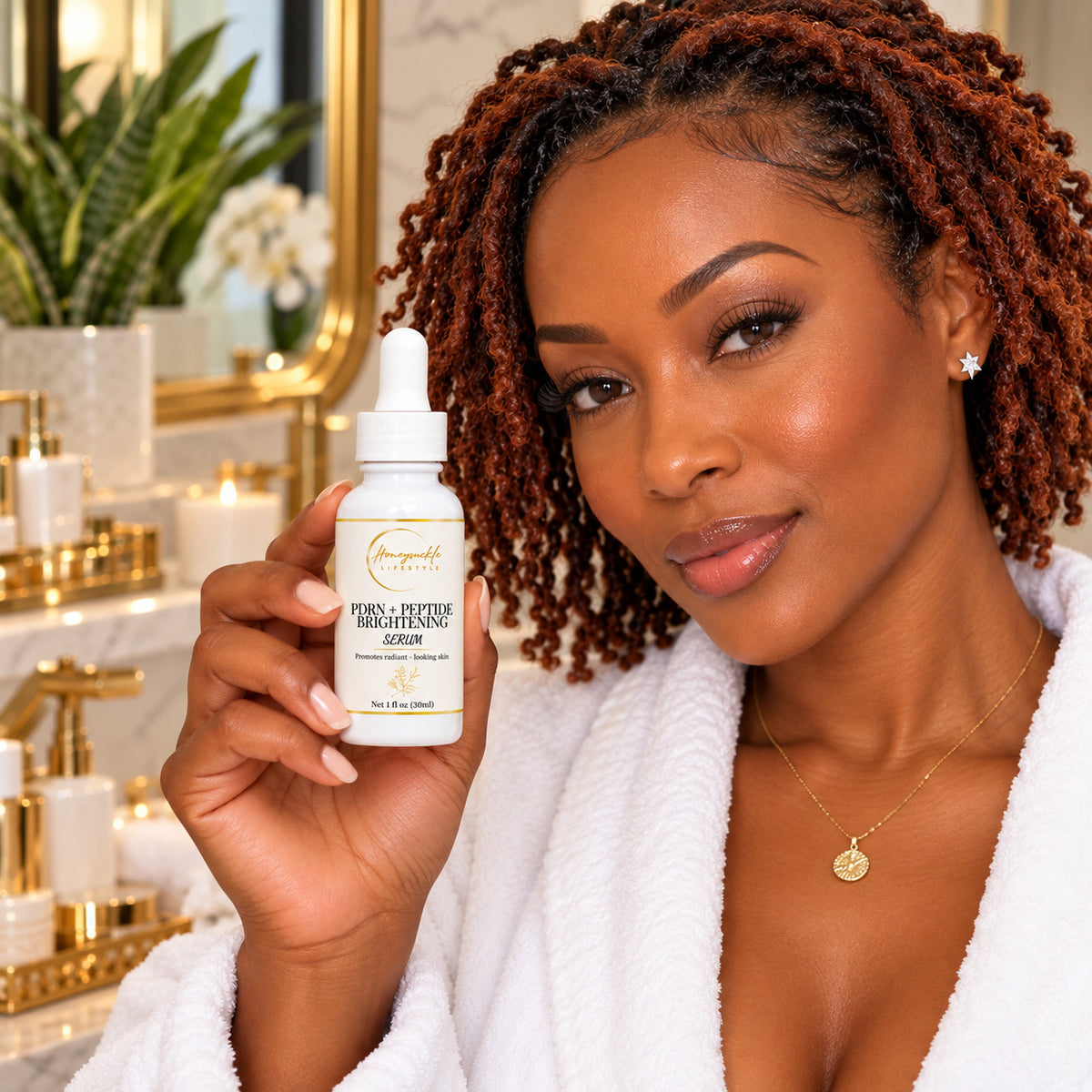 HoneySuckle Lifestyle PDRN and Peptide Brightening Serum for facial skincare, featuring a sleek bottle with a pump dispenser.