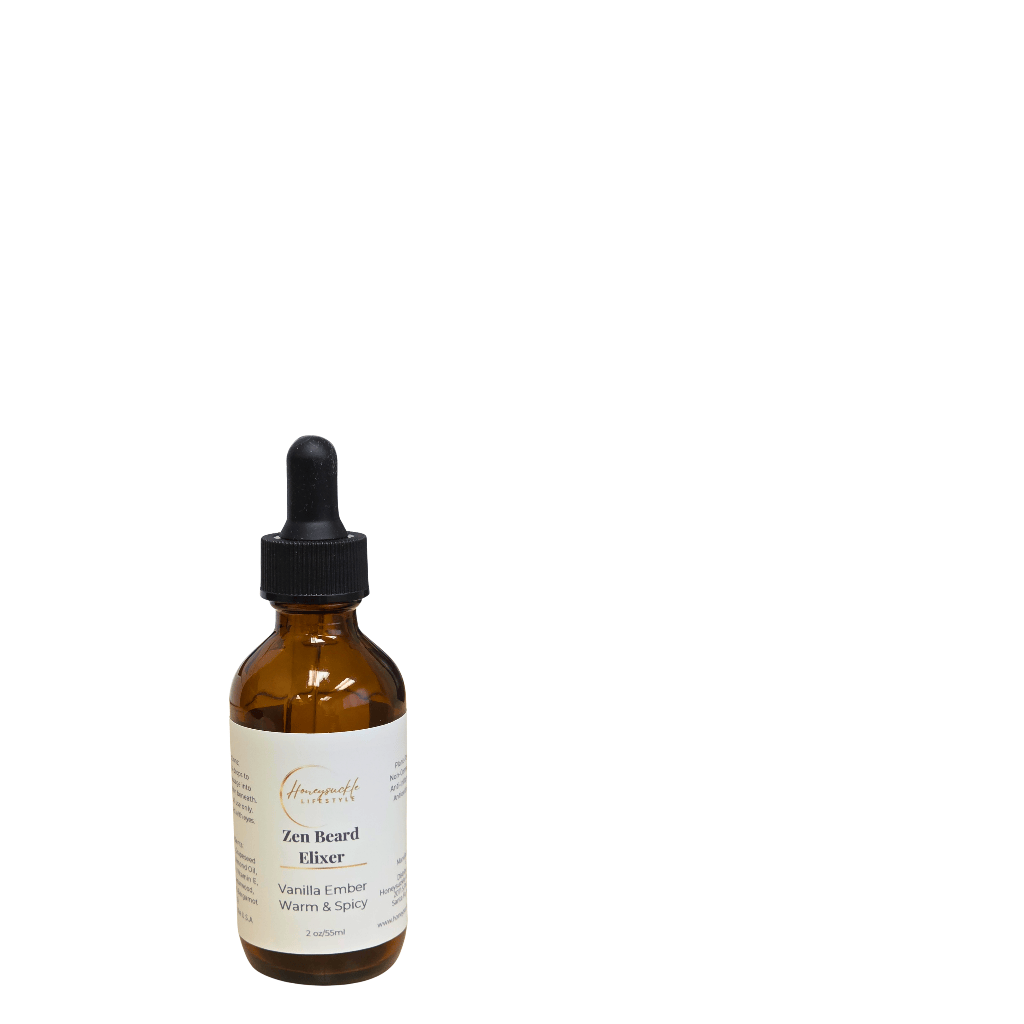 Brown glass bottle of vanilla ember with black dropper labeled 'Zen Beard Elixir' on a white background